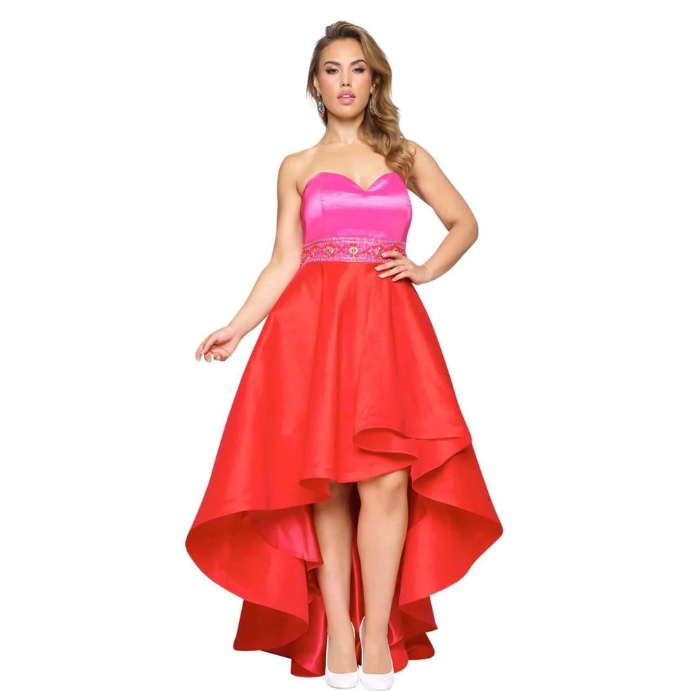 NWT Mac Duggal Hi-Lo Strapless Gown Pink Red Beaded Formal Dress Prom Size 18W